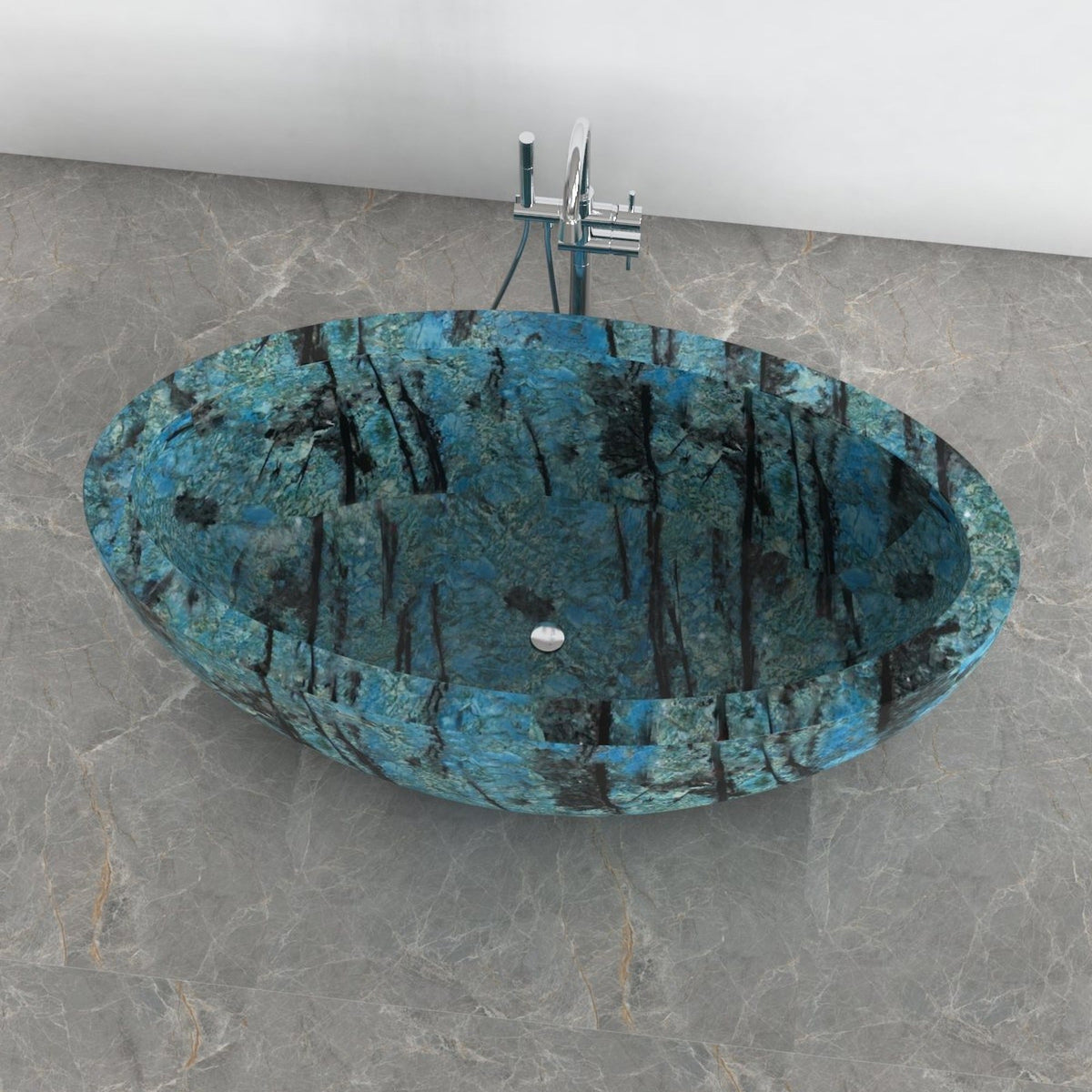 Aveline Danube Blue Quartzite freestanding soaking bathtub, full-frame top and interior view