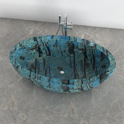 Aveline Danube Blue Quartzite freestanding soaking bathtub, full-frame top and interior view