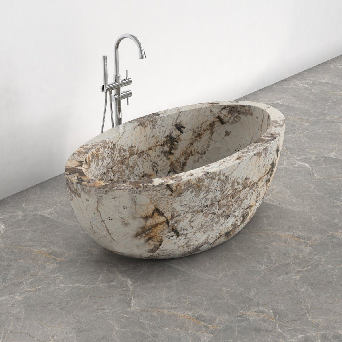 Aveline Pandora Blanc Quartzite freestanding soaking bathtub, full-frame top and interior view