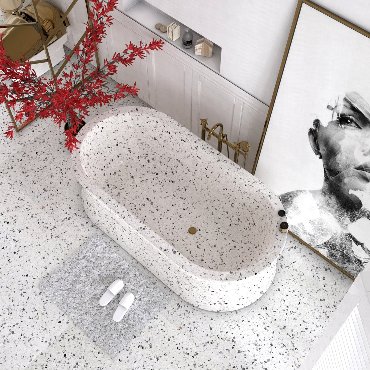 Avena BT-129A Alba White Terrazzo bathtub material and interior detail showing terrazzo aggregate pattern and basin shape