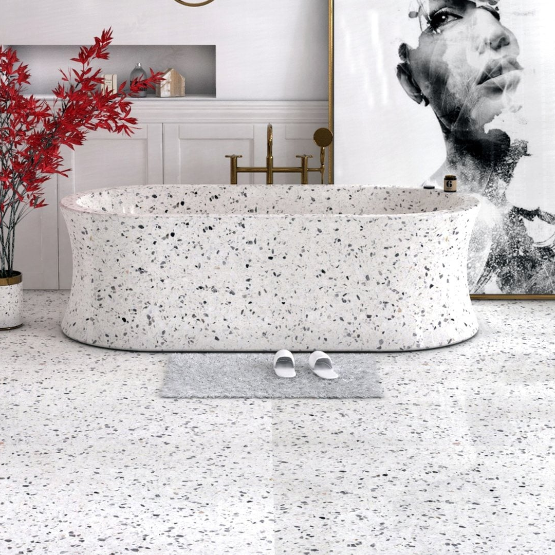 Avena BT-129A Alba White Terrazzo freestanding bathtub design rendering, top and interior view