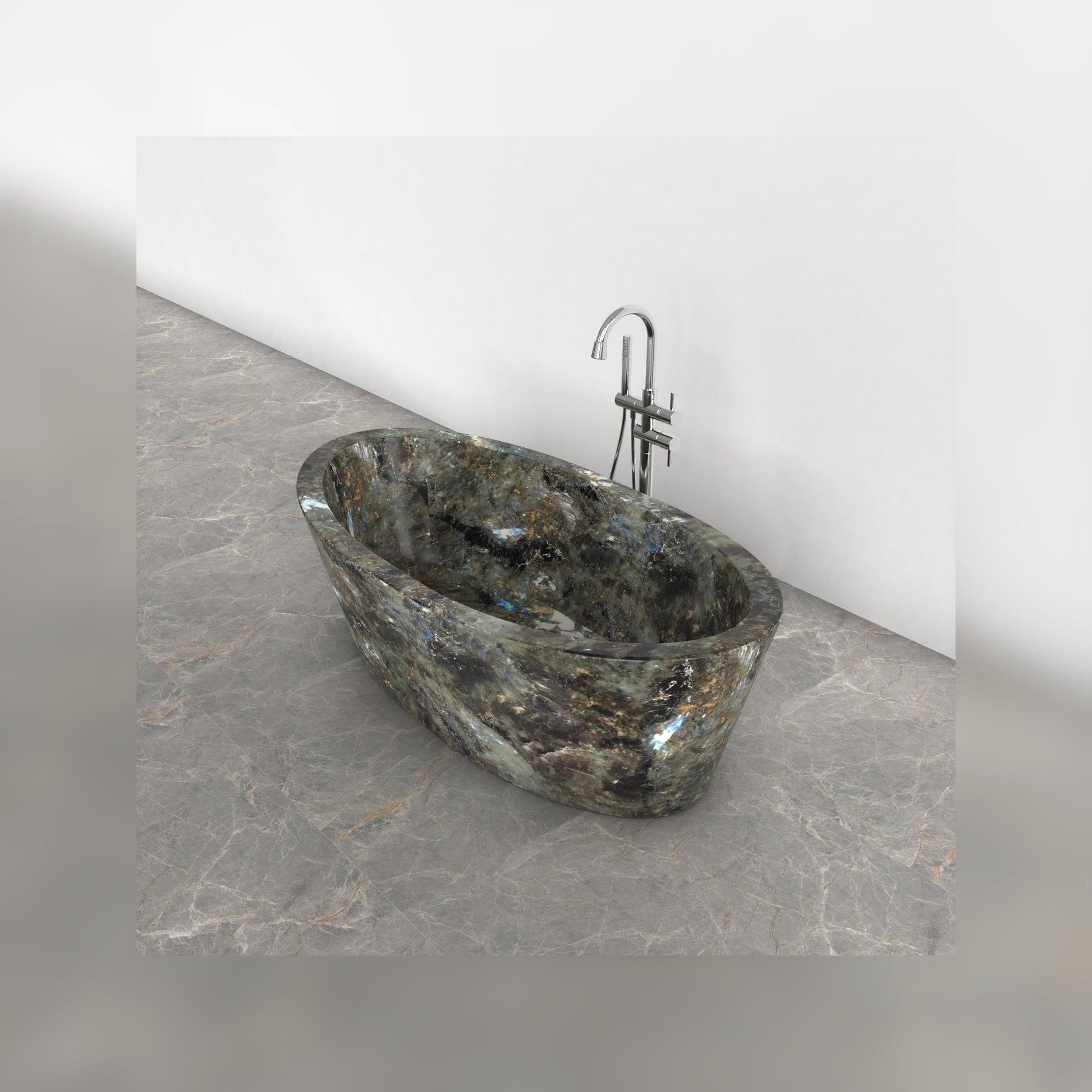Calia Celestia Blue Quartzite soaking bathtub, studio top interior and drain visualization