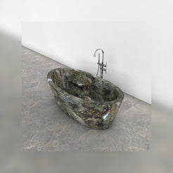 Calia Celestia Blue Quartzite soaking bathtub, studio top interior and drain visualization