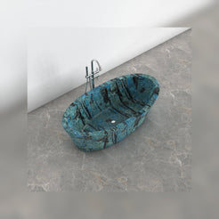 Calia Danube Blue Quartzite soaking bathtub, studio top interior and drain visualization