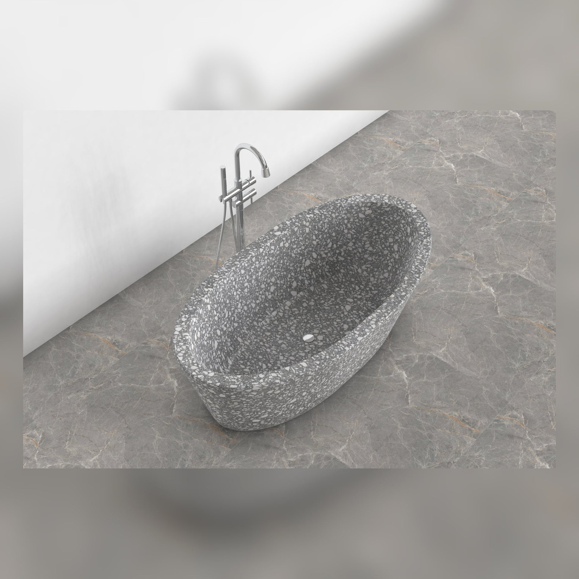 Calia Silver Grey Terrazzo soaking bathtub, studio top interior and drain visualization