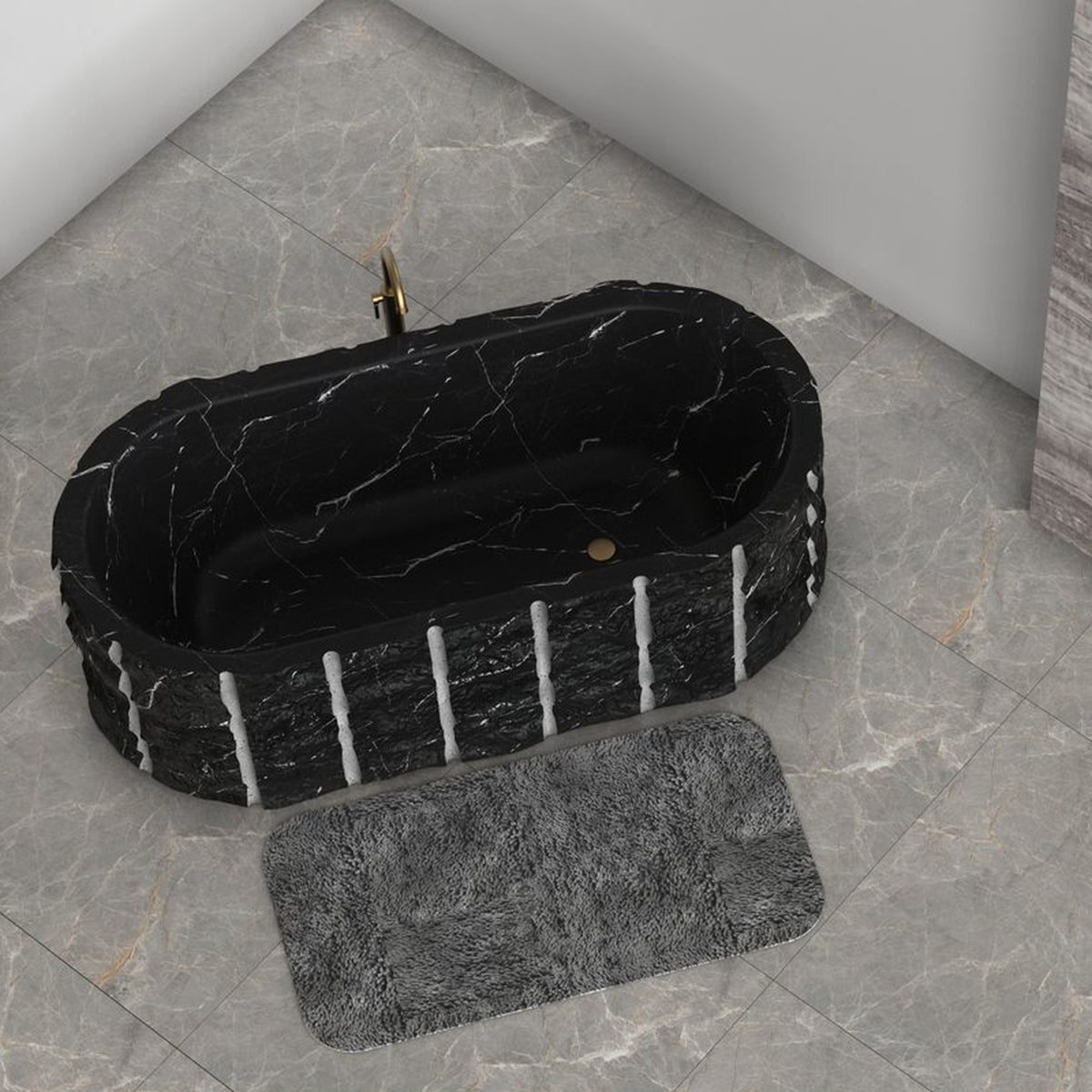 Cavelle BT-128A Portoro Black Marble freestanding bathtub design rendering, top and interior view