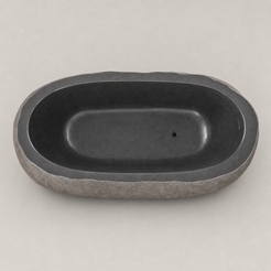 Cavira G654 Gray Granite bathtub, elevated studio view of the irregular rim, dark interior and offset drain
