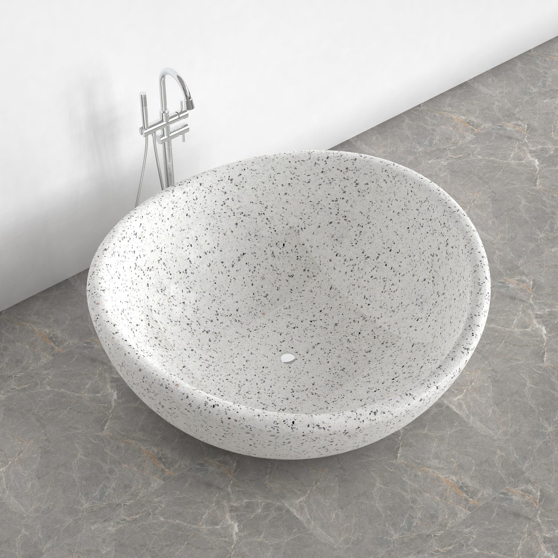 Lunara round freestanding Alba White Terrazzo soaking bathtub, top interior and drain view
