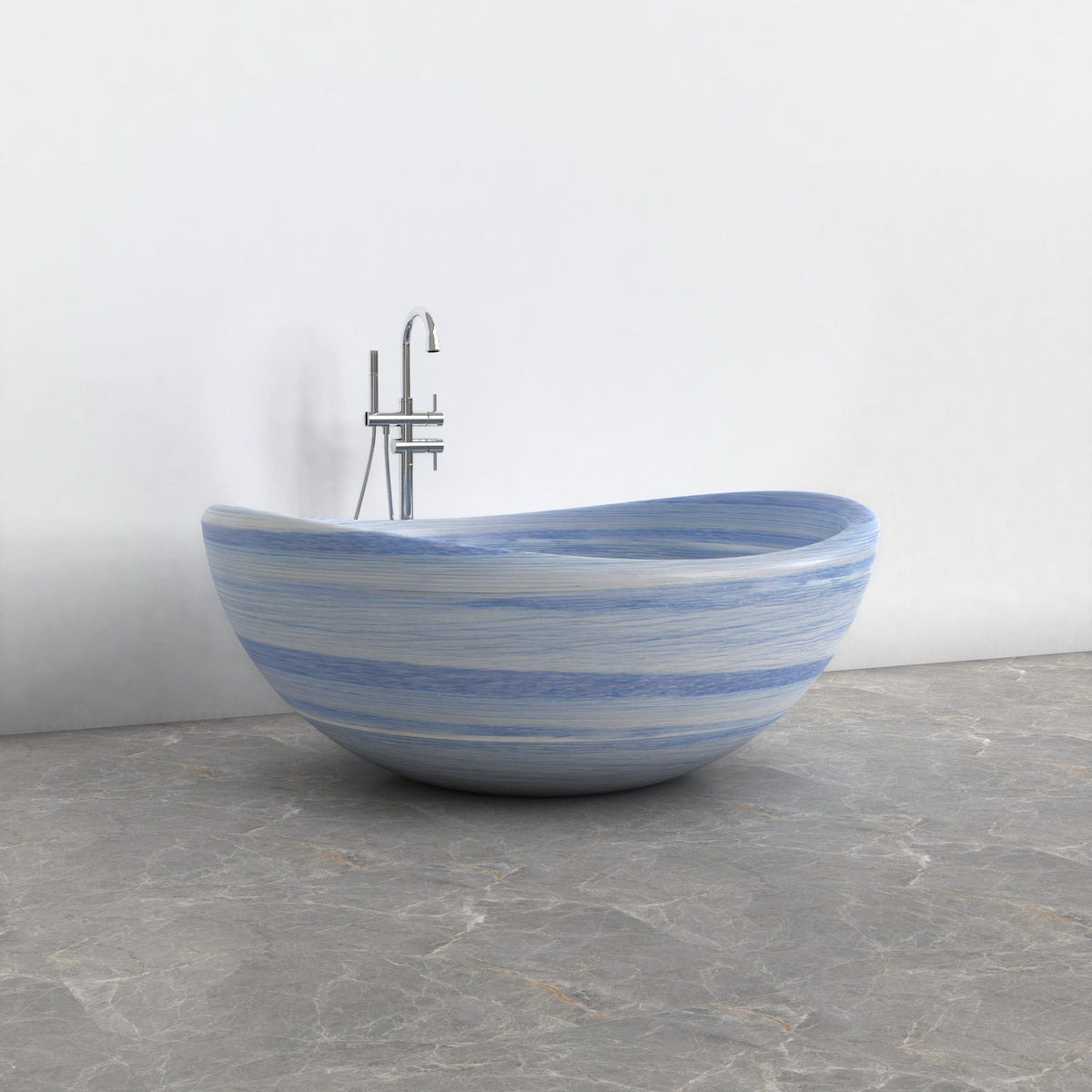 Lunara round freestanding Azura Blue Quartzite soaking bathtub, interior and material detail view