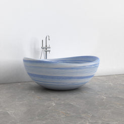 Lunara round freestanding Azura Blue Quartzite soaking bathtub, interior and material detail view