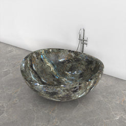 Lunara round freestanding Celestia Blue Quartzite soaking bathtub, top and interior view