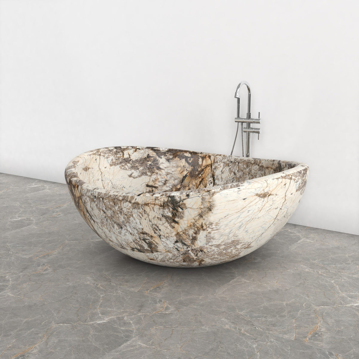 Lunara round freestanding Pandora Blanc Quartzite soaking bathtub, interior opposite-angle view