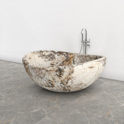 Lunara round freestanding Pandora Blanc Quartzite soaking bathtub, interior opposite-angle view