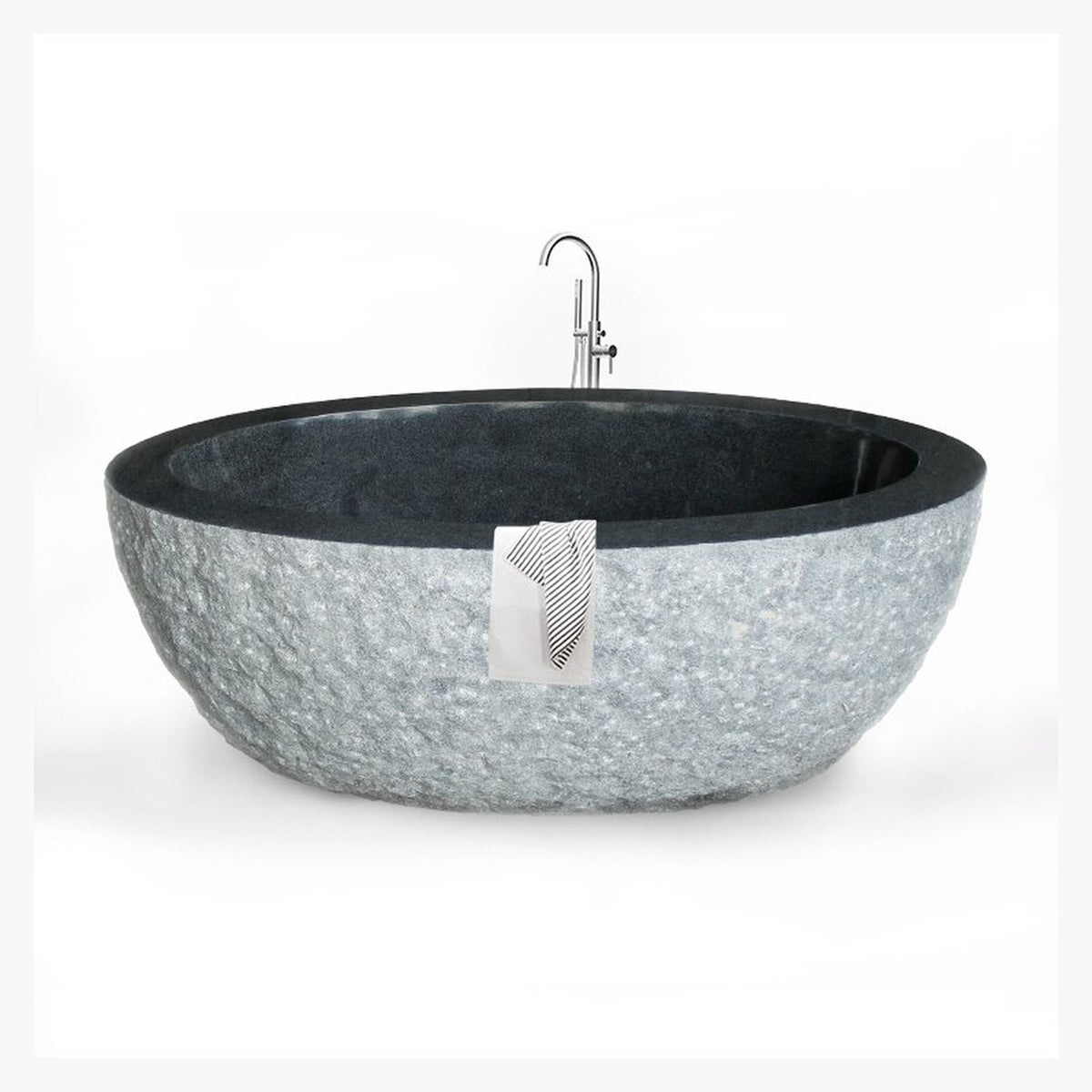 Noctelle BT-167A Absolute Black Granite bush-hammer freestanding soaking bathtub, full-frame top and interior view