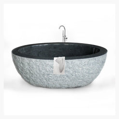 Noctelle BT-167A Absolute Black Granite bush-hammer freestanding soaking bathtub, full-frame top and interior view