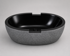 Noctira Absolute Black Granite bathtub with chiseled rim notches, opposite studio visualization