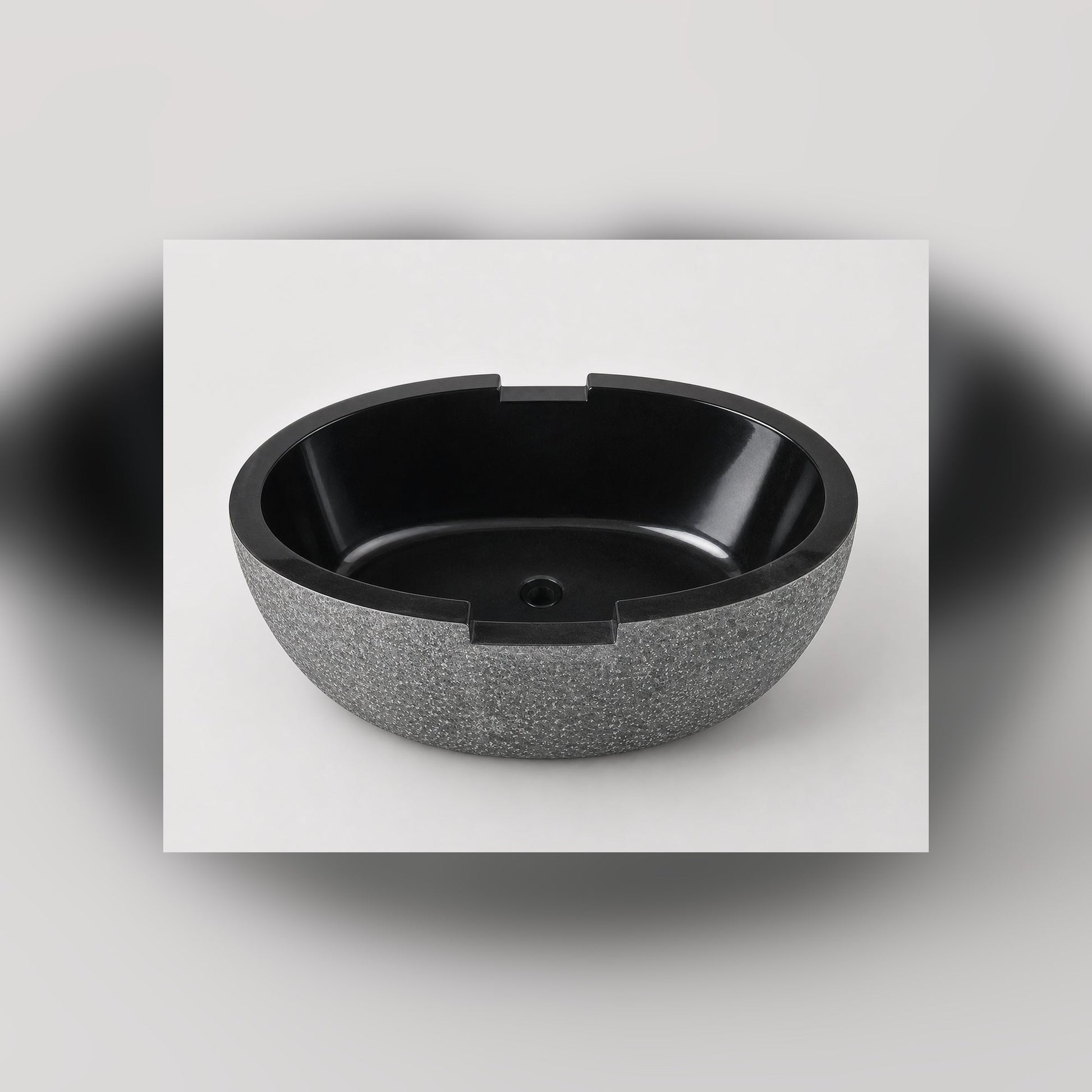 Noctira Absolute Black Granite bathtub, top interior studio visualization with drain