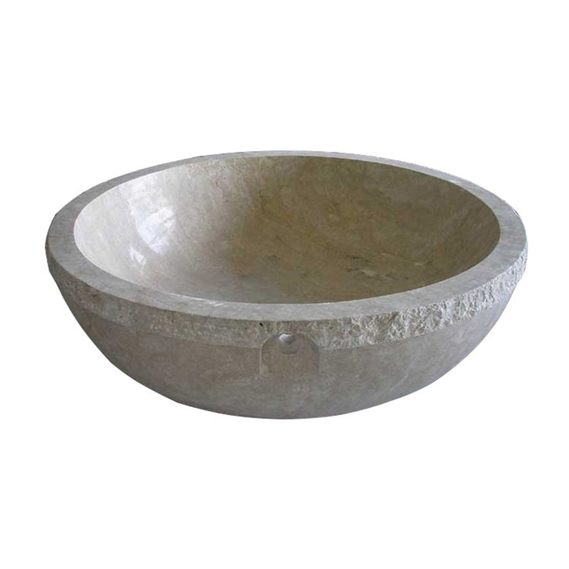 Real angled view of the RHEA Round Travertine freestanding soaking bathtub