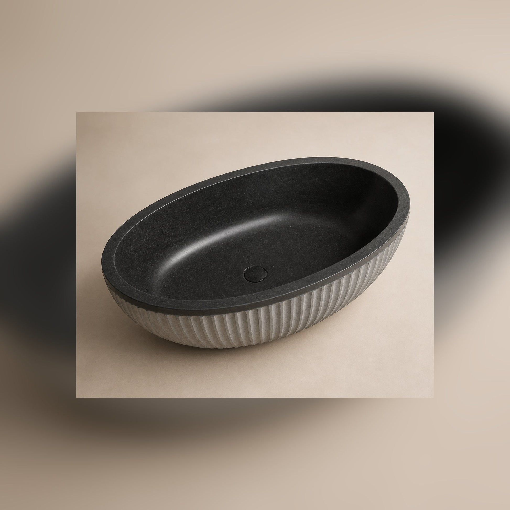 Rivelle fluted Midnight Black Granite bathtub, top interior studio visualization with center drain