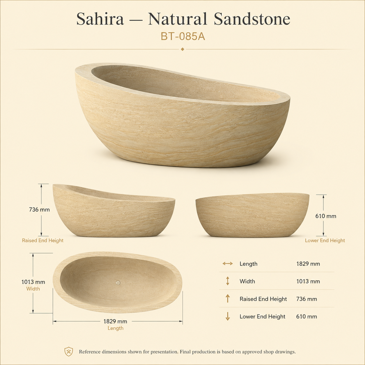 Sahira BT-085A Natural Sandstone bathtub verified reference dimensions, 1829 × 1013 mm footprint with 736 mm raised end and 610 mm lower end