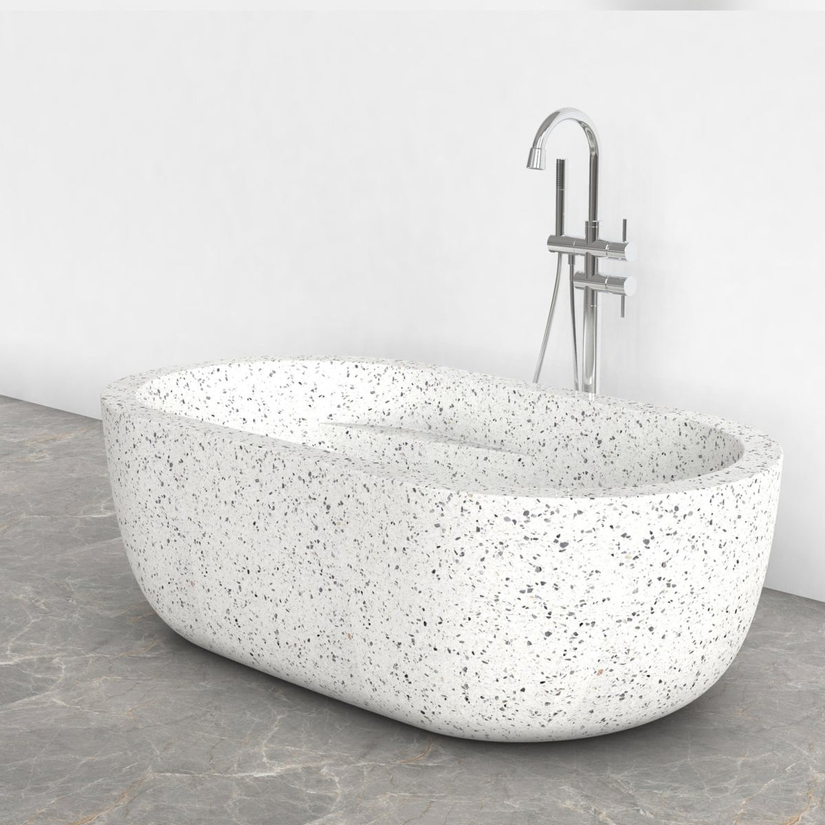 Serelle Alba White Terrazzo bathtub, alternate studio three-quarter visualization