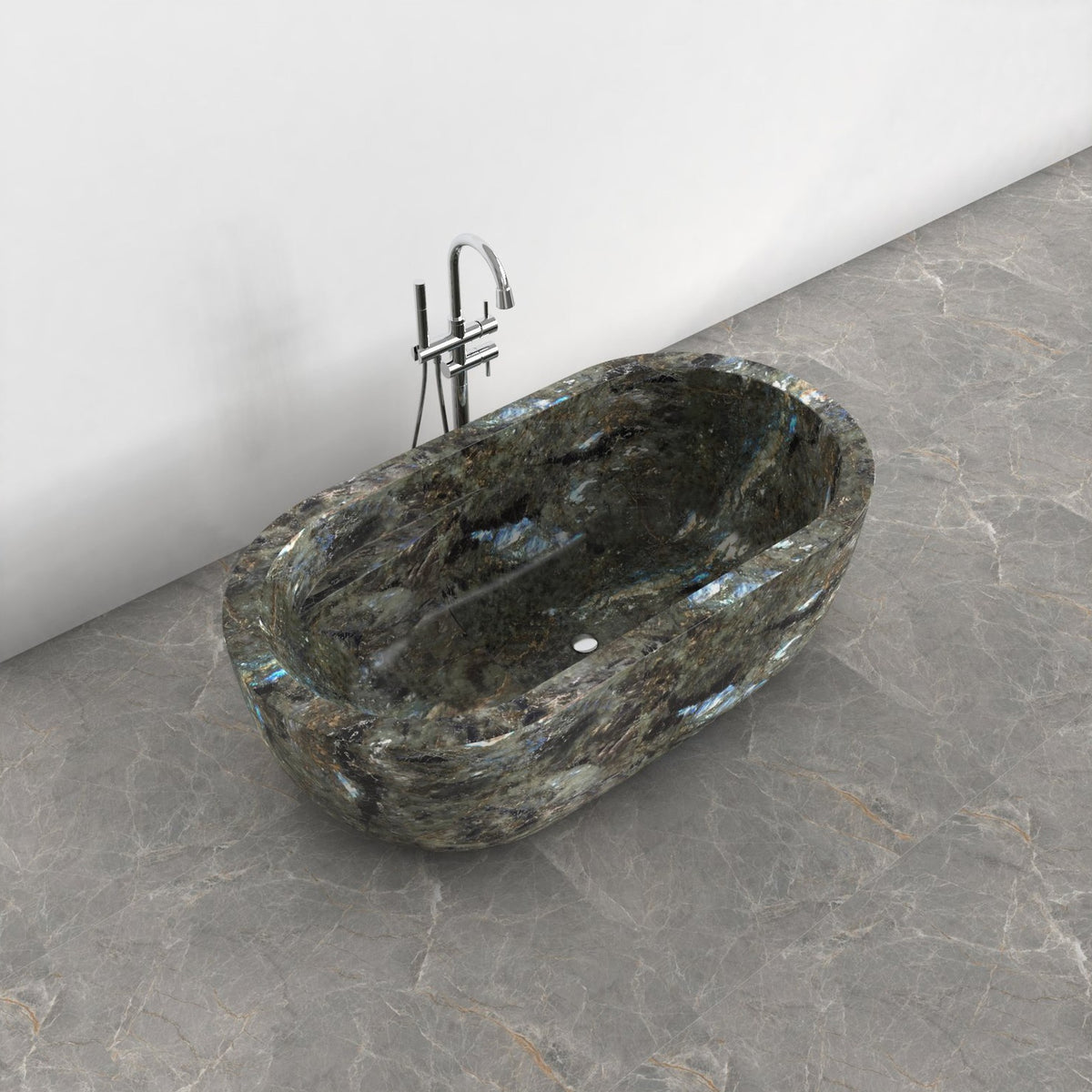 Serelle Celestia Blue Quartzite bathtub, studio top interior and drain visualization