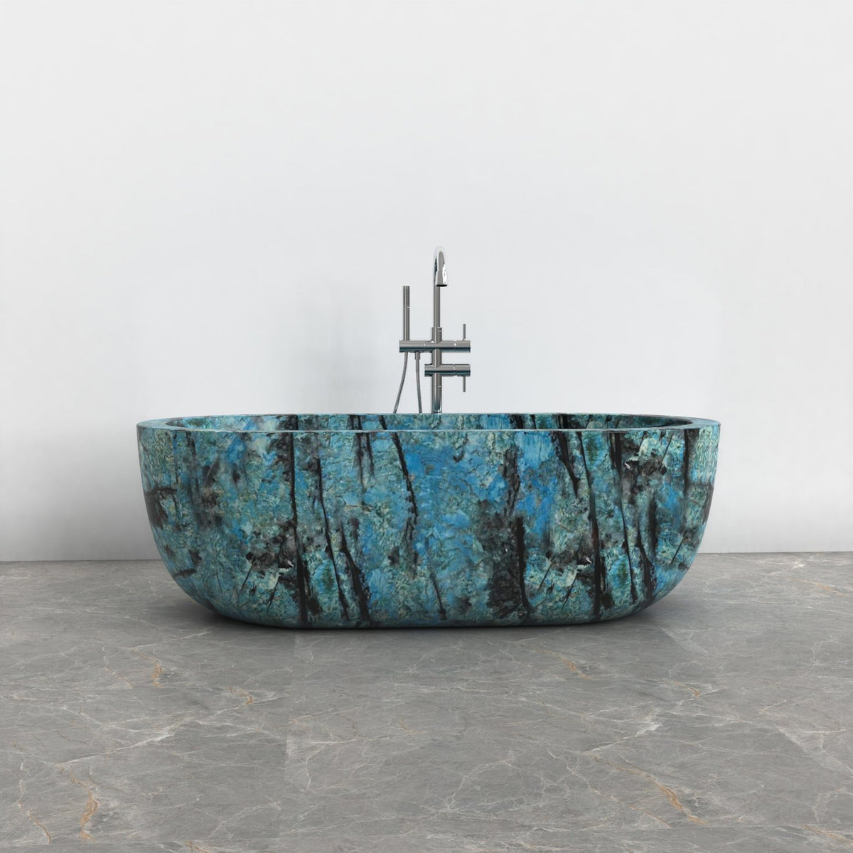 Serelle Danube Blue Quartzite bathtub, studio top interior and drain visualization