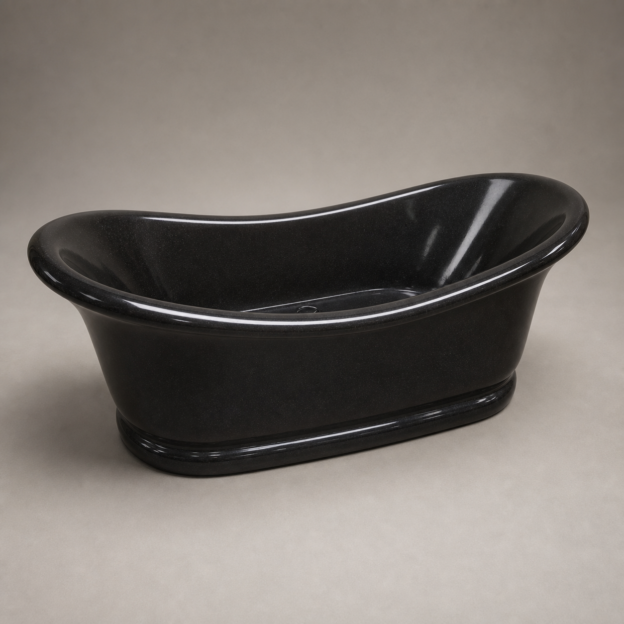 Vallora polished black granite soaking bathtub, opposite studio angle