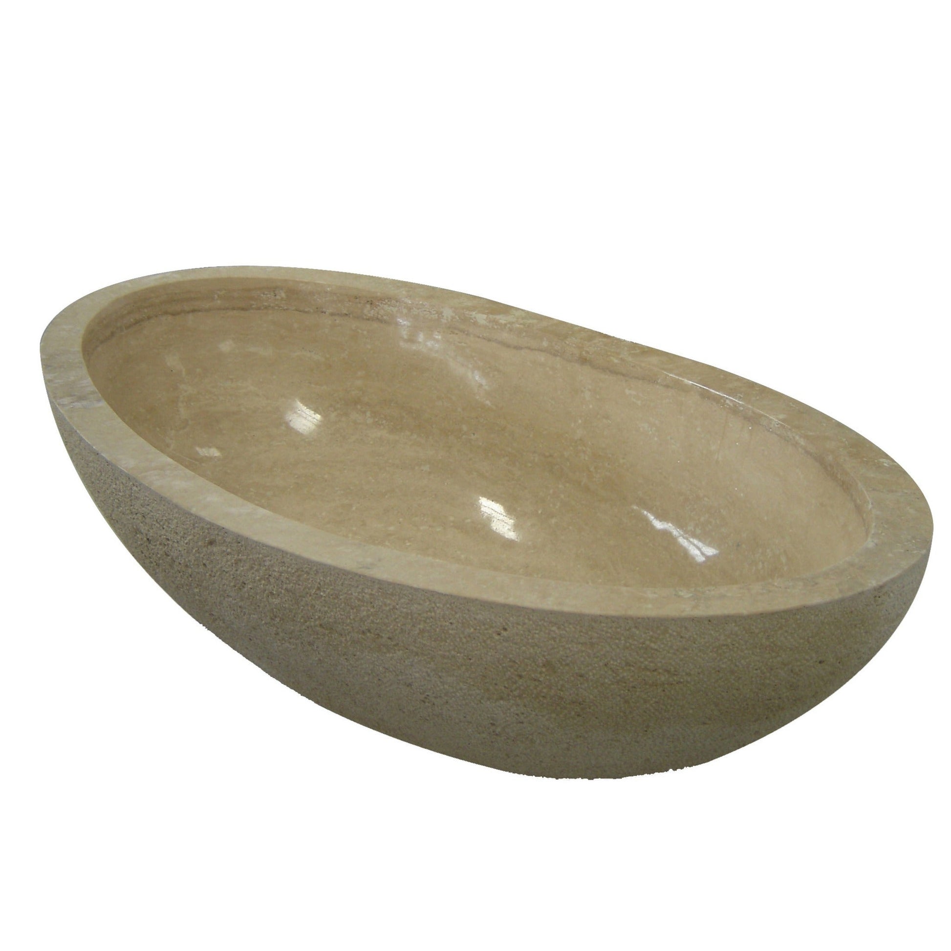 Real three-quarter view of the YARA Beige Travertine freestanding bathtub with chiseled outer texture