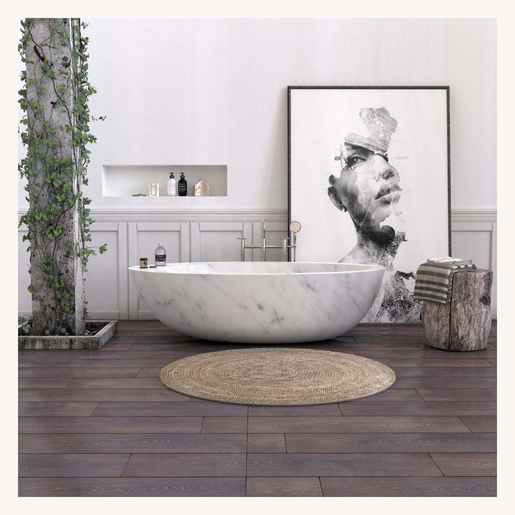 Yaris Carrara White Marble bathtub in a refined luxury bathroom scene