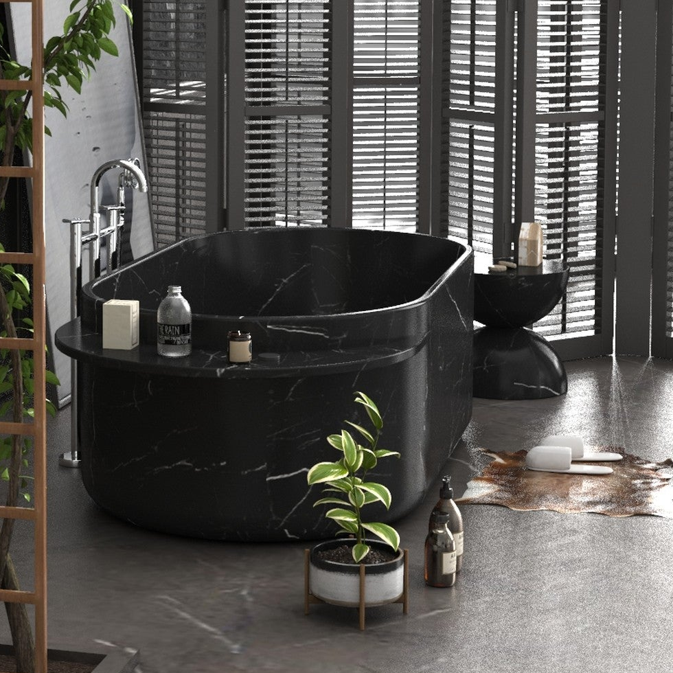 Yetta Portoro Black Marble bathtub in a refined dark luxury bathroom, styled visualization