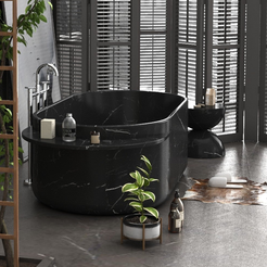 Yetta Portoro Black Marble bathtub in a refined dark luxury bathroom, styled visualization