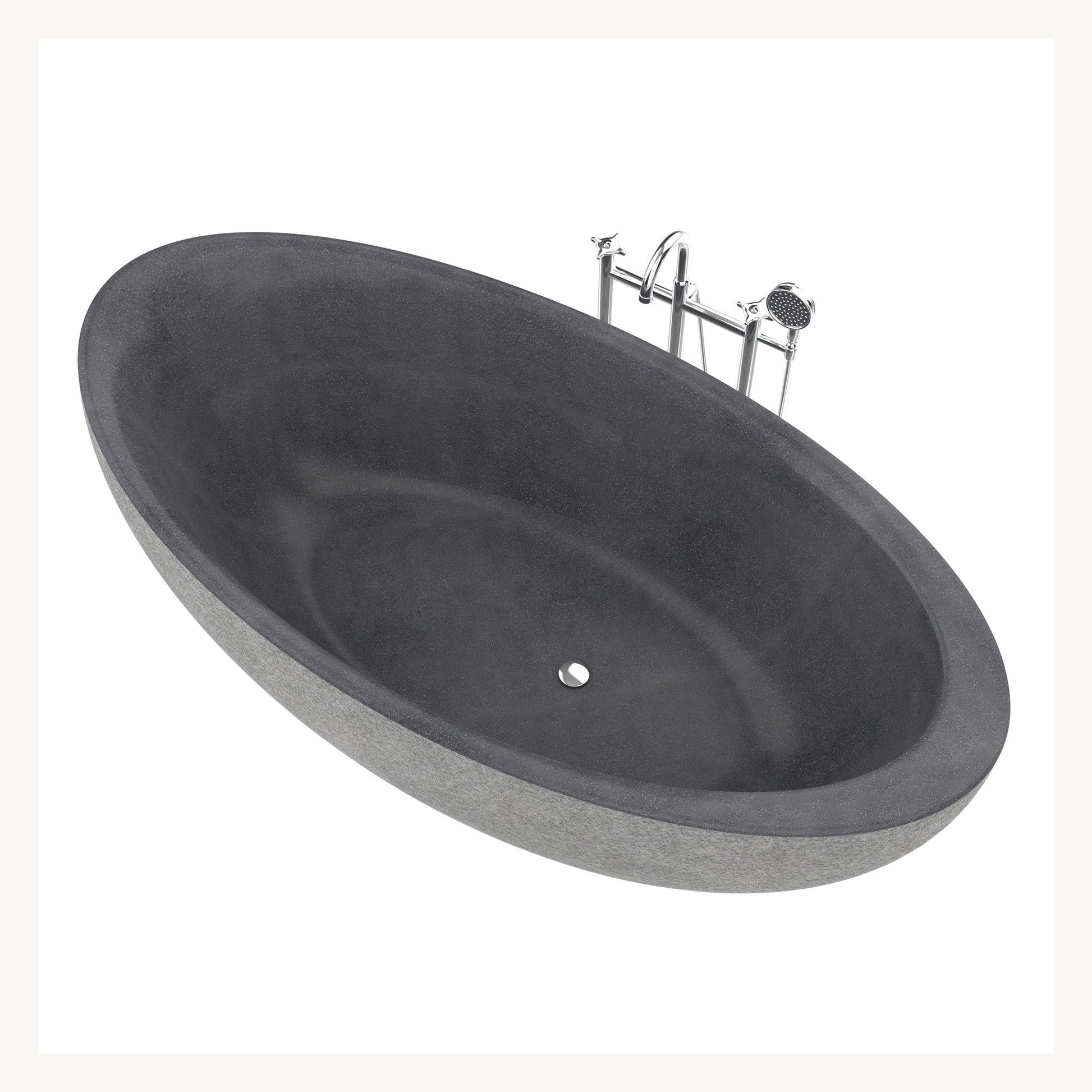Yuka Absolute Black Granite bathtub, top interior studio visualization with drain