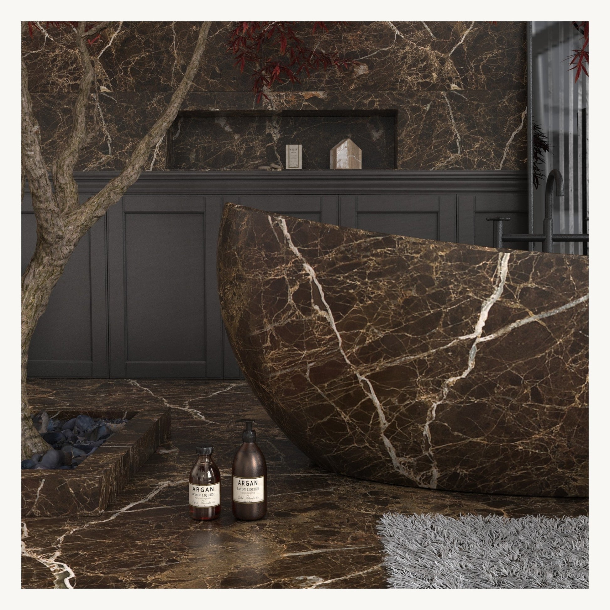 Yuka freestanding Dark Emperador Marble bathtub, sculptural side profile