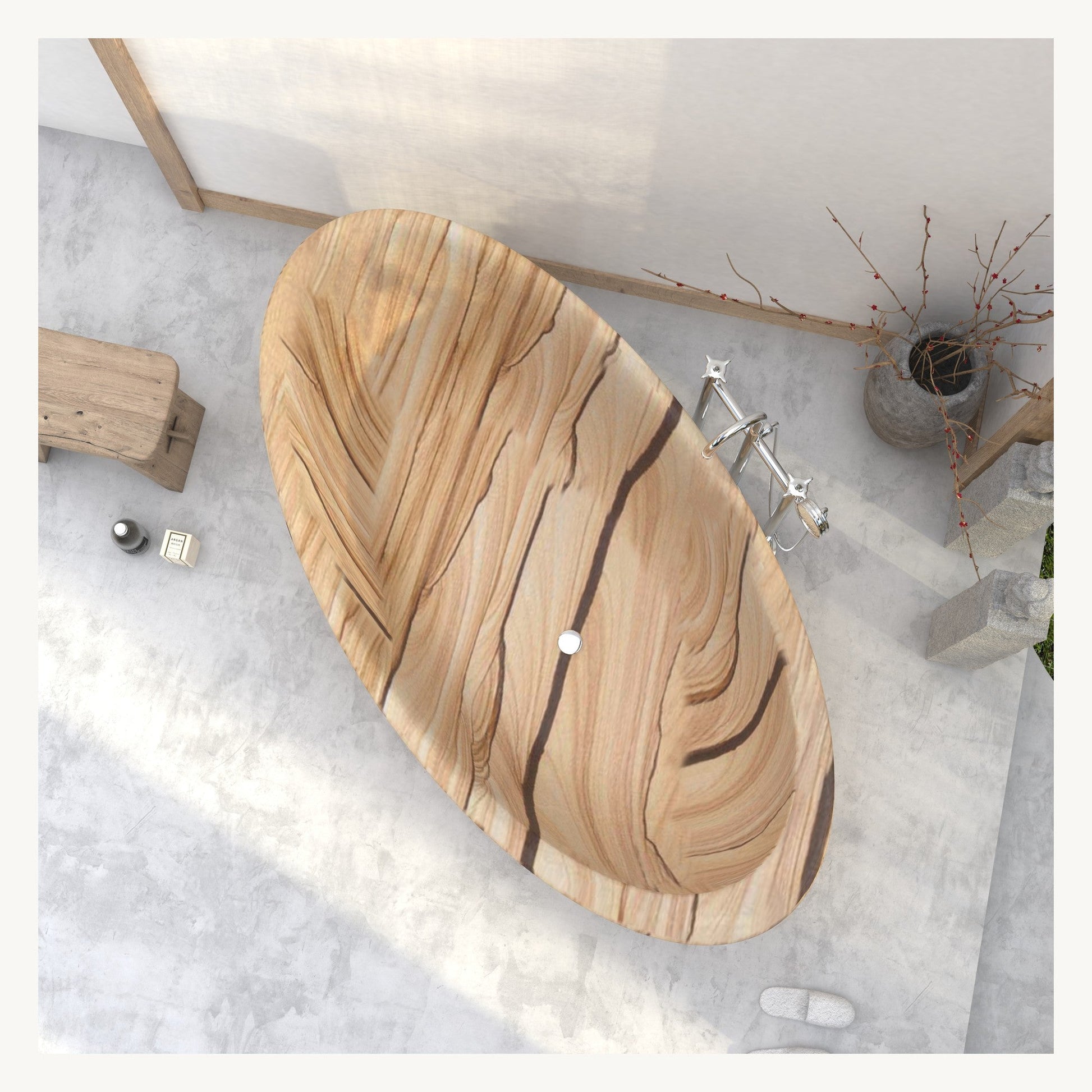 Yuka Natural Sandstone bathtub, top interior studio visualization showing layered stone pattern