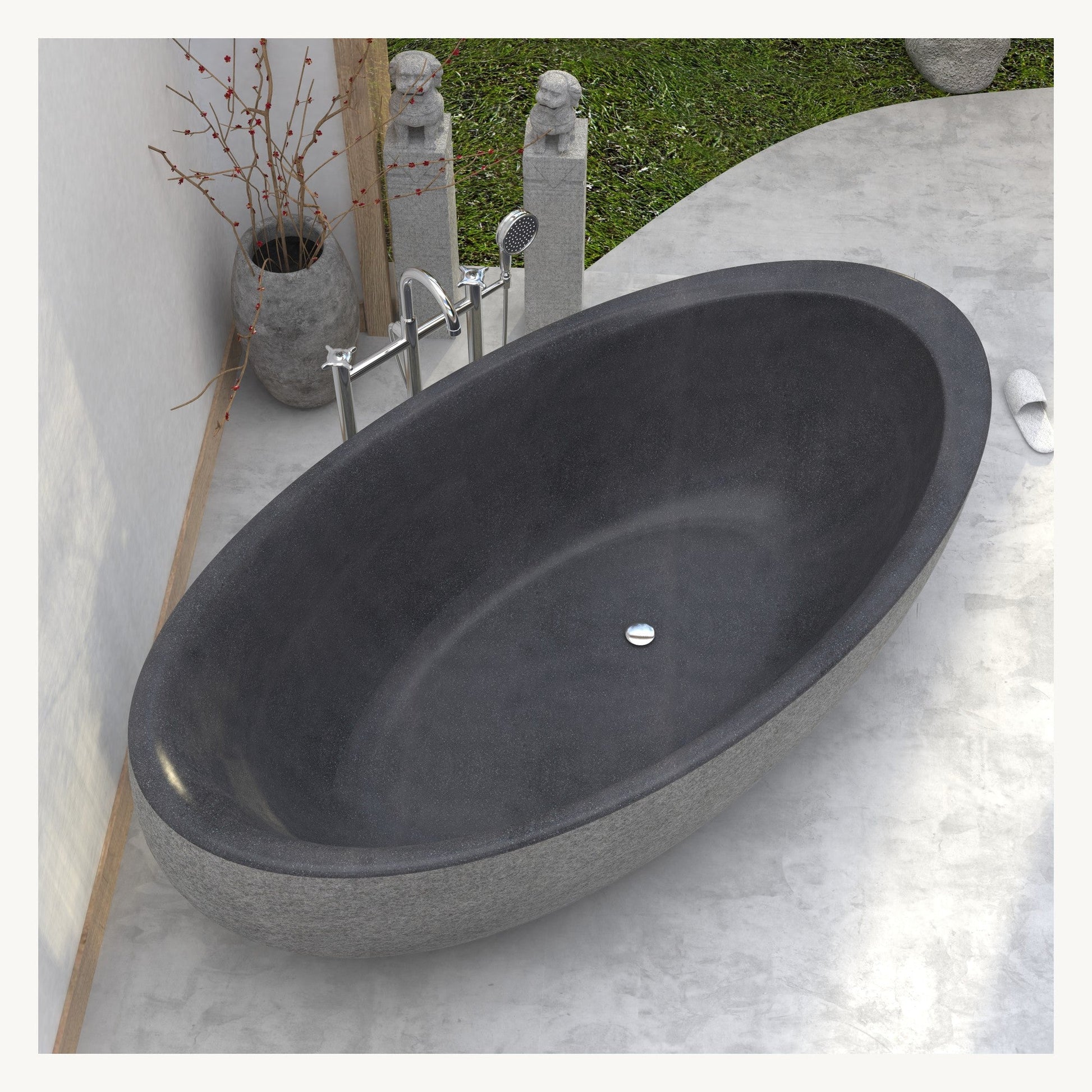 Yuka Shanxi Black Granite bathtub, overhead view showing the oval interior