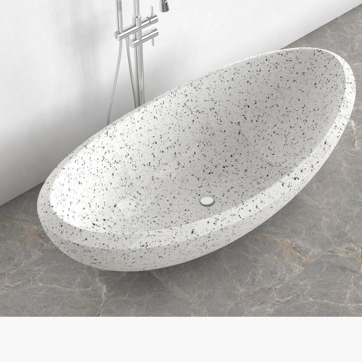 Yuna BT-032A alba-white-terrazzo bathtub rim, basin and centered drain detail