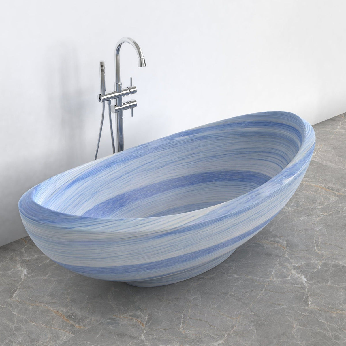 Yuna Azura Blue Quartzite bathtub, top interior view showing basin and centered drain