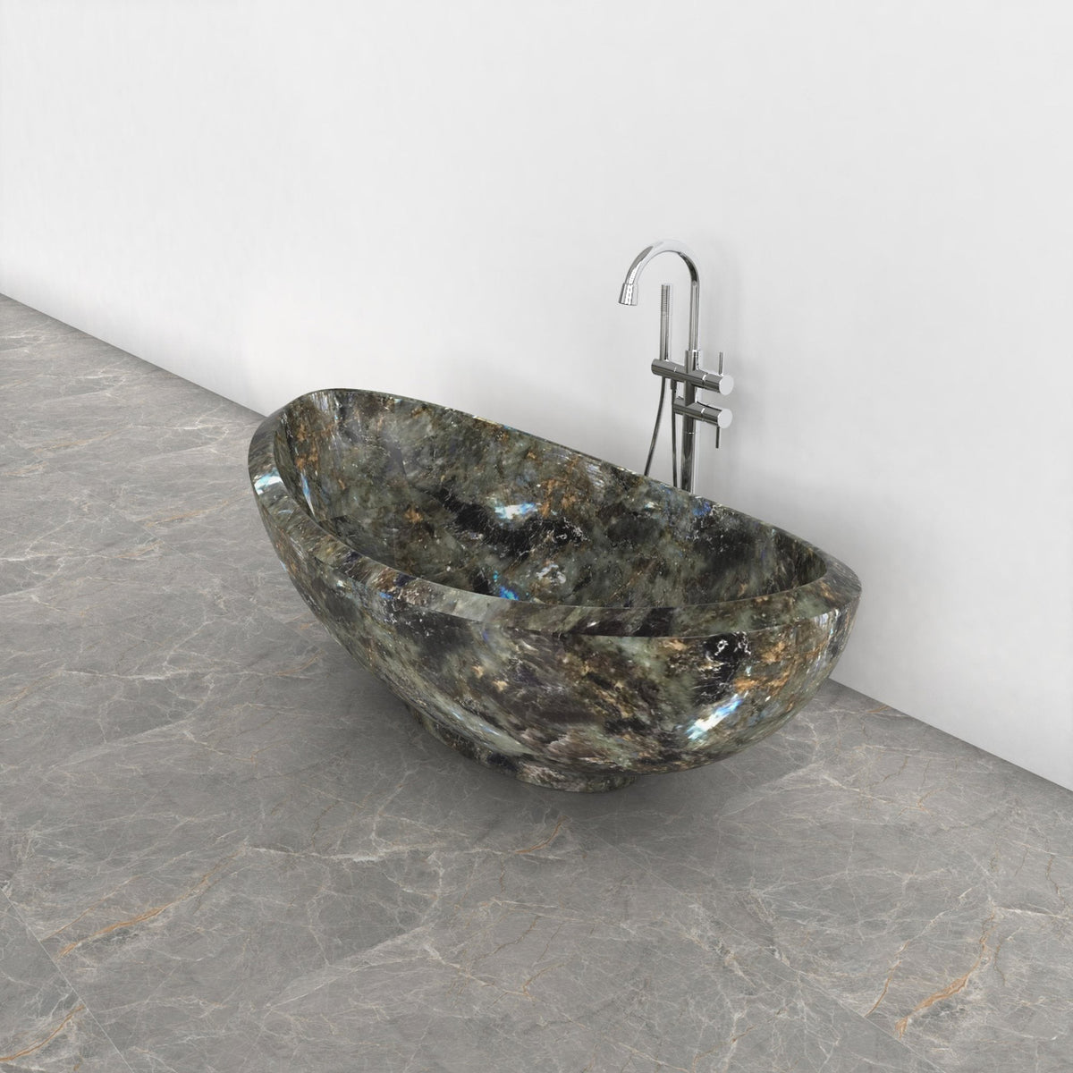 Yuna Celestia Blue Quartzite bathtub, exact-source top interior view showing basin, stone texture and drain