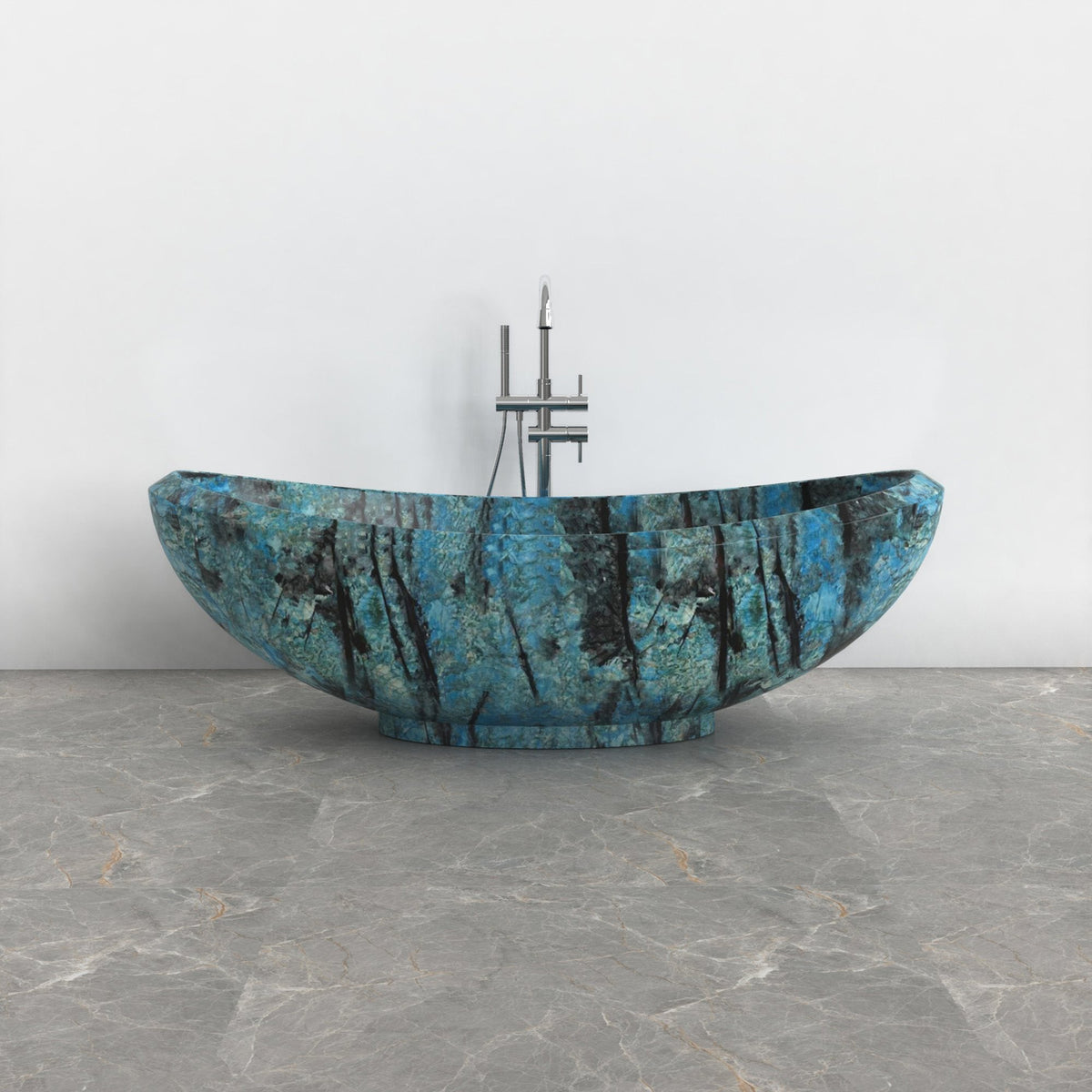 Yuna Danube Blue Quartzite bathtub, exact-source front view showing raised rim and turquoise-blue mineral movement