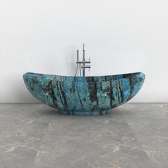 Yuna Danube Blue Quartzite bathtub, exact-source front view showing raised rim and turquoise-blue mineral movement