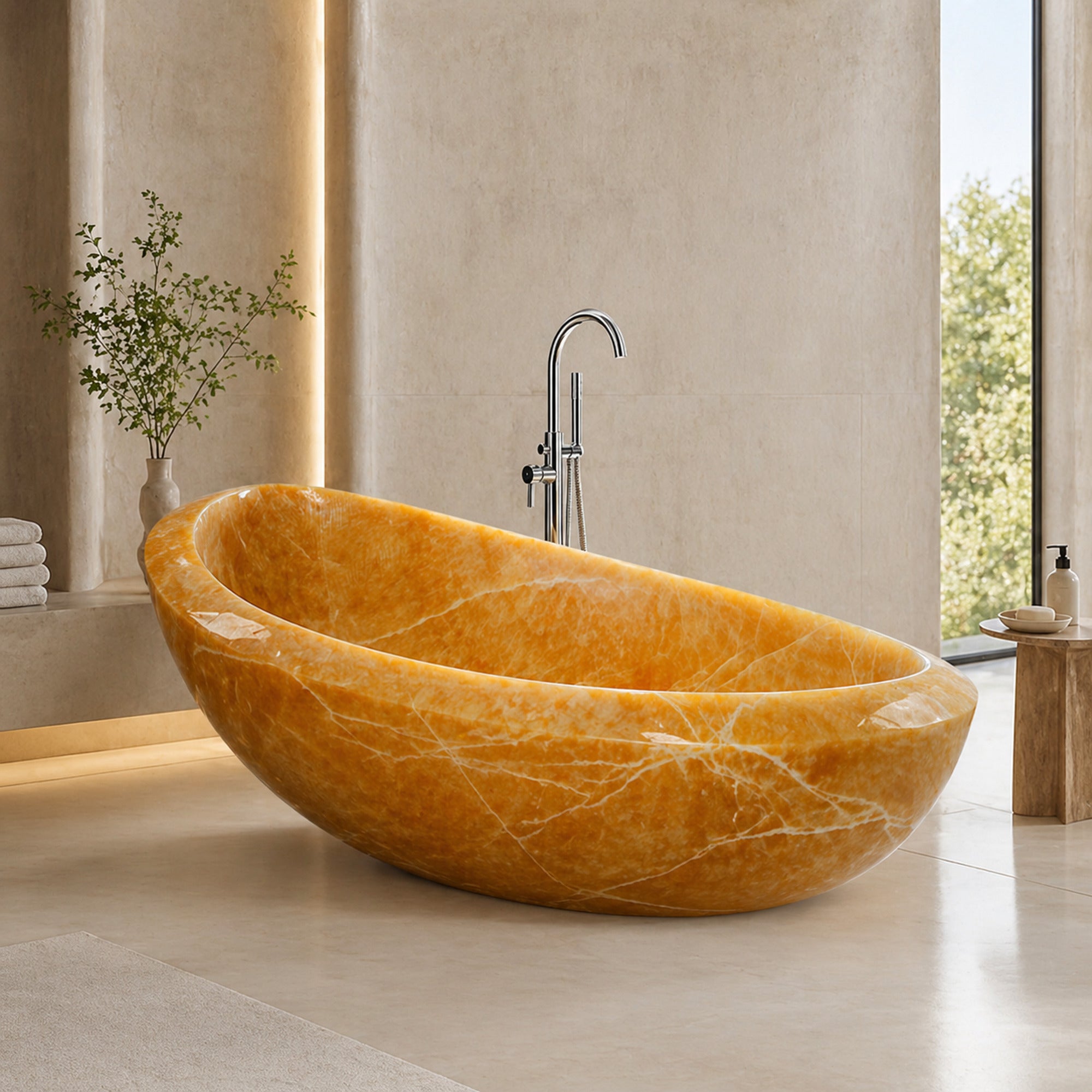 Yuna golden Honey Onyx soaking bathtub in a refined bathroom, styled visualization
