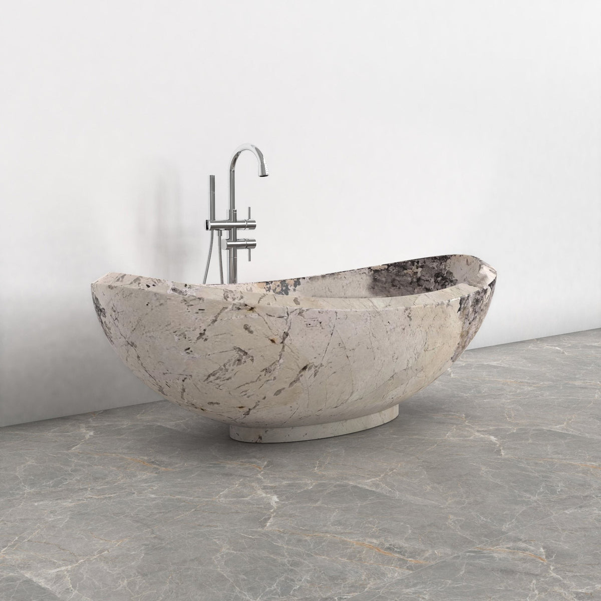Yuna Pandora Blanc Quartzite soaking bathtub, exact-source top interior and centered drain view