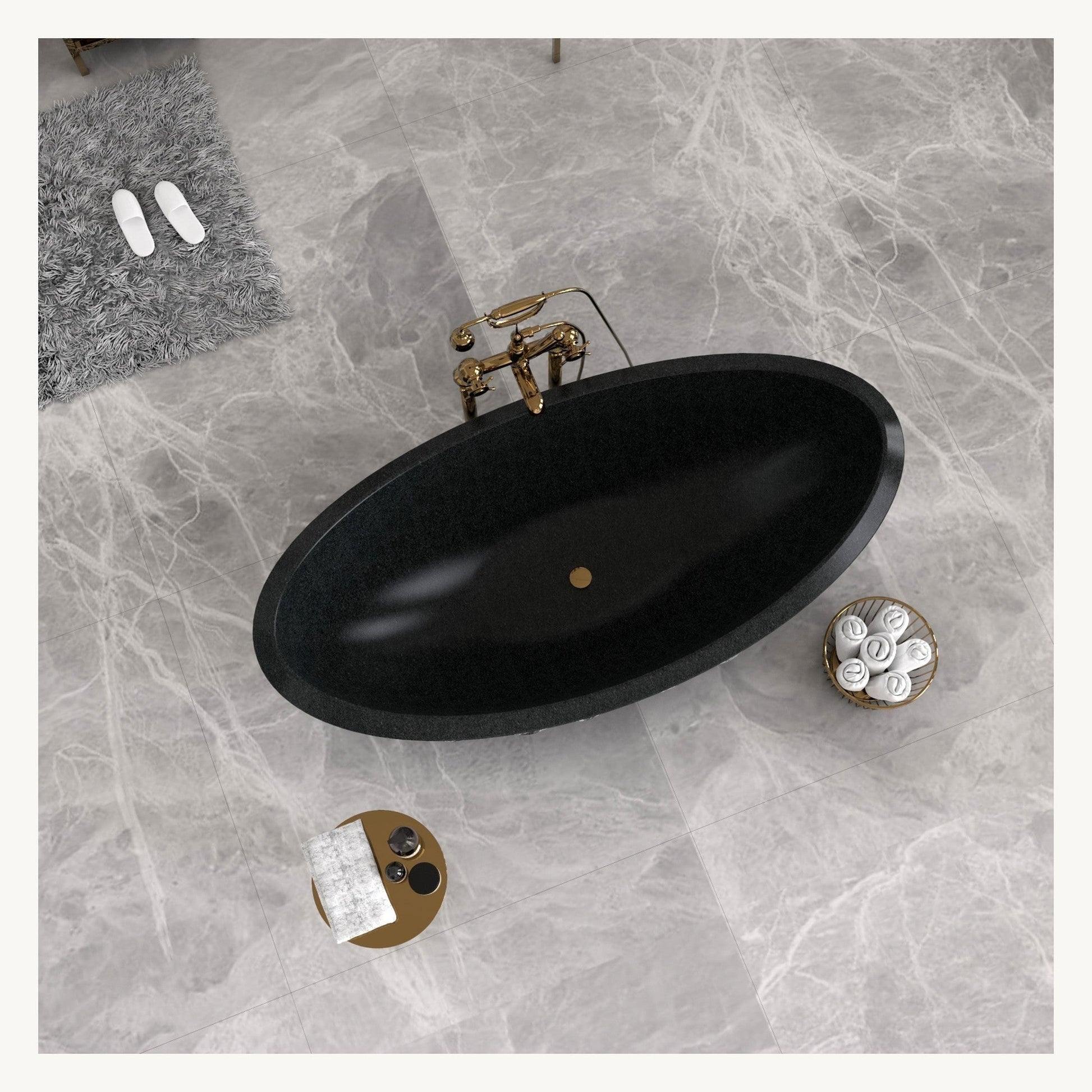 Yura boat-shaped Neroco Granite bathtub, top interior view with drain