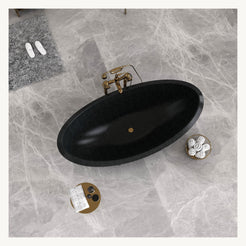 Yura boat-shaped Neroco Granite bathtub, top interior view with drain