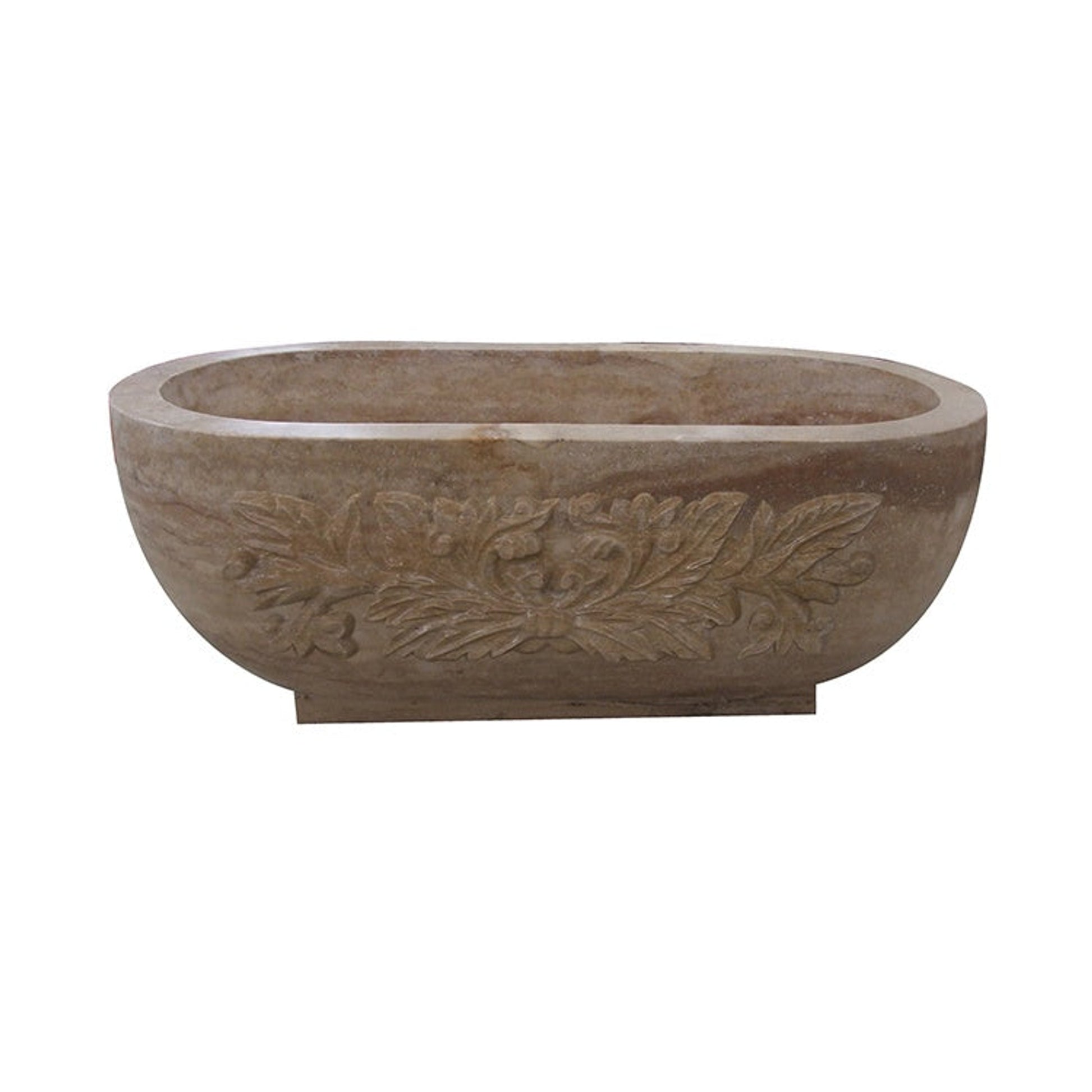 Real front view of the YVANA Brown Travertine bathtub with hand-carved floral relief