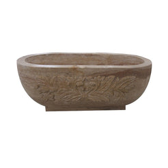 Real front view of the YVANA Brown Travertine bathtub with hand-carved floral relief