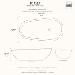 Soreia BT-041A Azura Blue Quartzite bathtub reference dimensions: 1728 × 1028 × 498 mm (L × W × maximum overall H). Source-based exterior illustration; not to scale. Final dimensions follow approved shop drawing; not for installation.