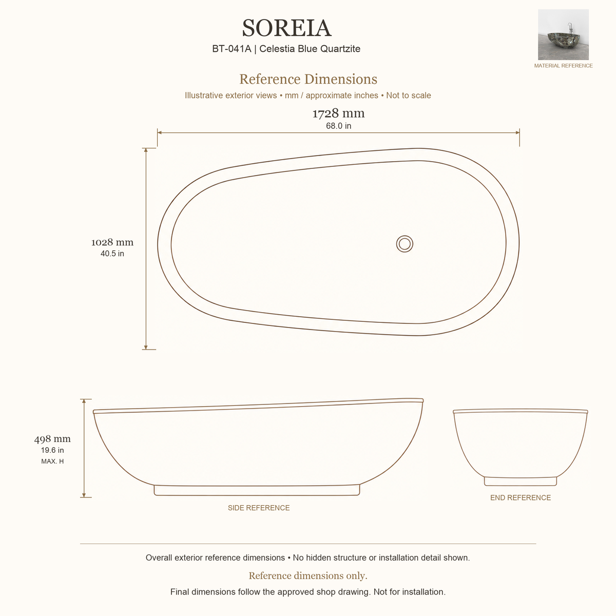 Soreia BT-041A Celestia Blue Quartzite bathtub reference dimensions: 1728 × 1028 × 498 mm (L × W × maximum overall H). Source-based exterior illustration; not to scale. Final dimensions follow approved shop drawing; not for installation.