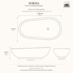 Soreia BT-041A Celestia Blue Quartzite bathtub reference dimensions: 1728 × 1028 × 498 mm (L × W × maximum overall H). Source-based exterior illustration; not to scale. Final dimensions follow approved shop drawing; not for installation.